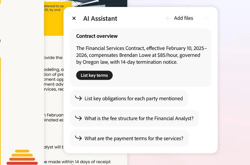 Adobe Acrobat AI đơn giản hóa các thuật ngữ pháp lý phức tạp trong hợp đồng, hiển thị danh sách rõ ràng