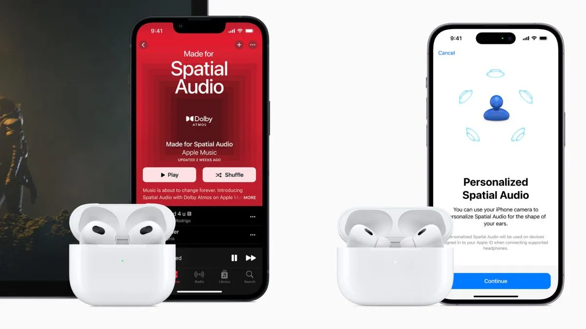 AirPods 3 và AirPods Pro 2 bên cạnh iPhone 13 và iPhone 14 Pro, minh họa tính năng Âm thanh Không gian.