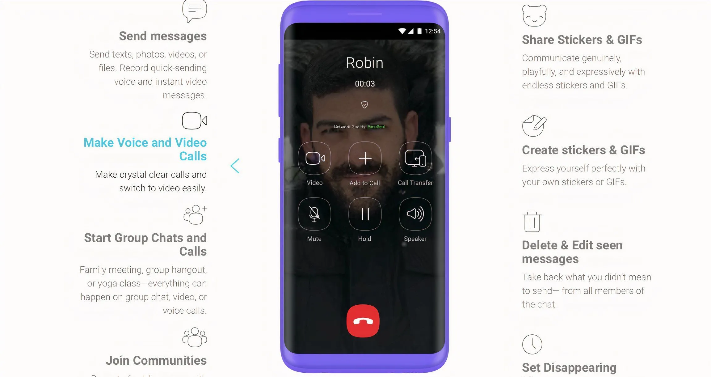Ảnh chụp màn hình các tính năng và dịch vụ của Viber, bao gồm cuộc gọi miễn phí và nhắn tin