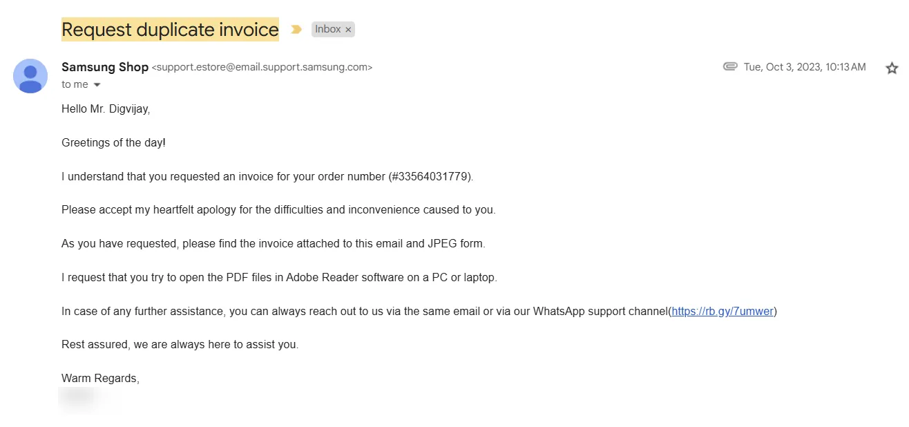 Ảnh chụp màn hình email phản hồi từ bộ phận hỗ trợ khách hàng của Samsung về yêu cầu hóa đơn.