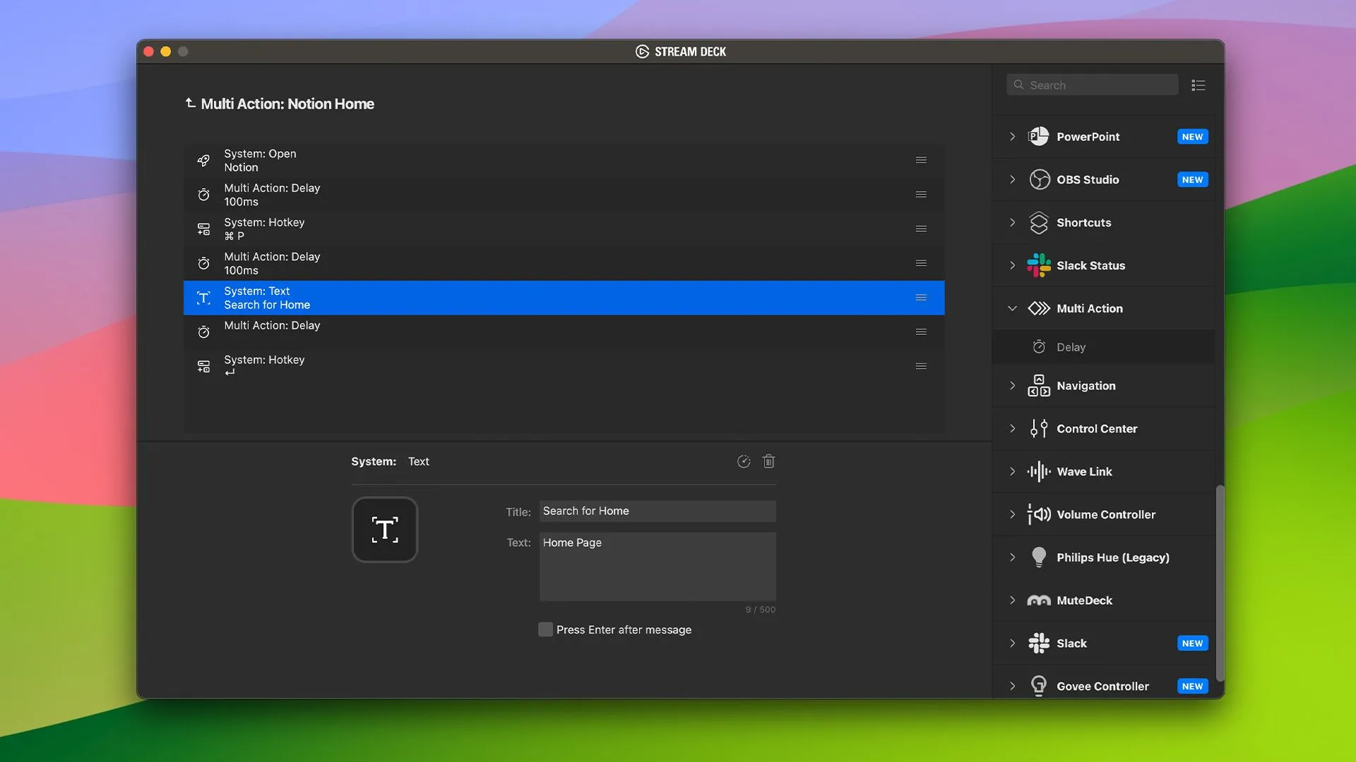 Ảnh chụp màn hình phần mềm Stream Deck hiển thị thiết lập tác vụ Multi Action, cho phép tự động hóa chuỗi hành động