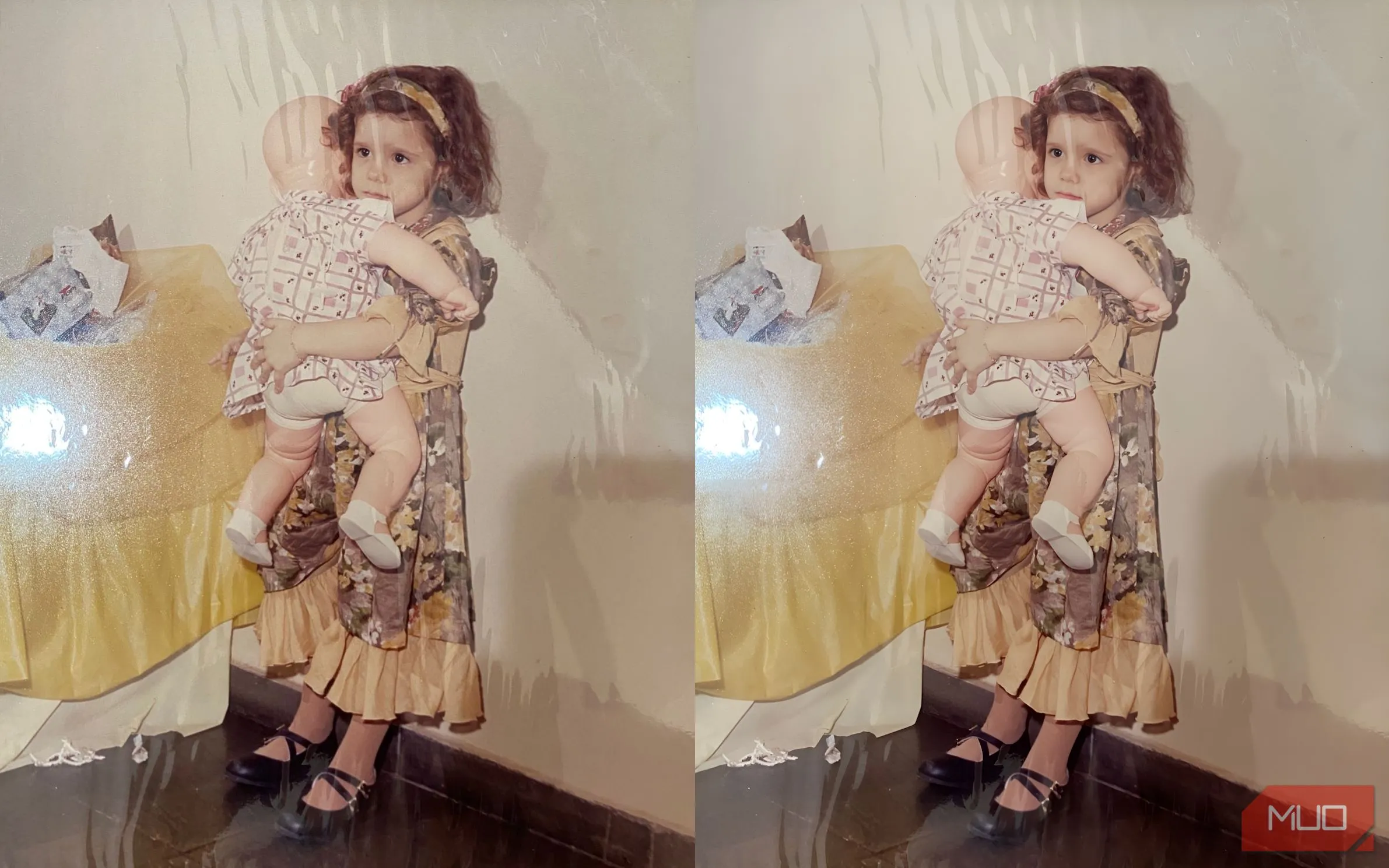 Ảnh cô bé cầm búp bê trước và sau khi phục hồi bằng AI Picsart, cho thấy sự cải thiện về độ sắc nét và mịn màng của khuôn mặt