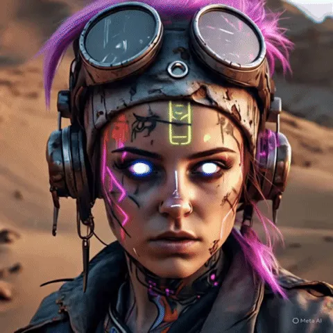 Ảnh động GIF của phụ nữ cyberpunk với hiệu ứng pan camera chậm rãi, mang lại cảm giác hùng vĩ và cá tính qua Meta AI.