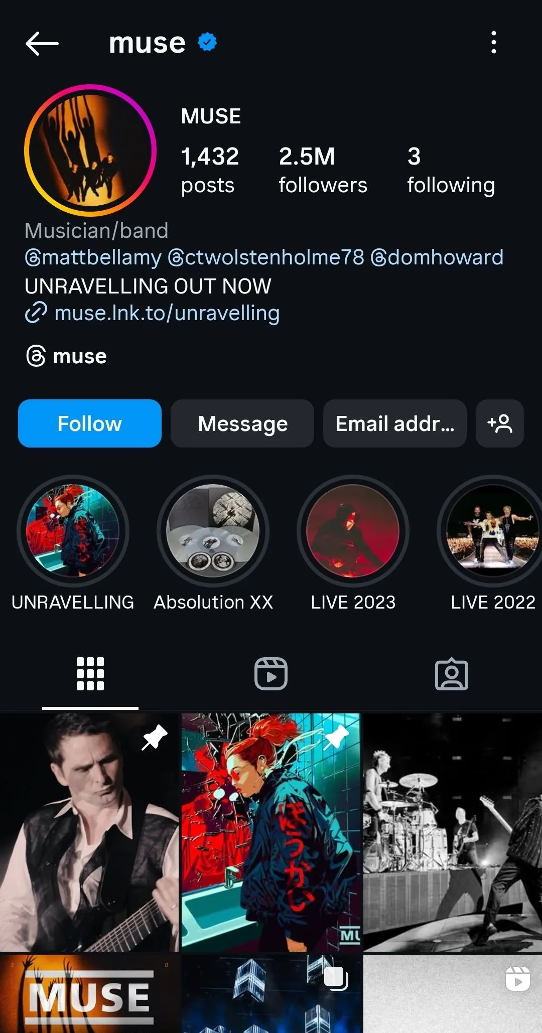 Ảnh hồ sơ Instagram của ban nhạc rock Muse.