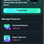 Ảnh minh họa các lợi ích chính của Super Duolingo bao gồm không giới hạn tim, loại bỏ quảng cáo, thử thách huyền thoại miễn phí và biểu tượng ứng dụng đặc biệt