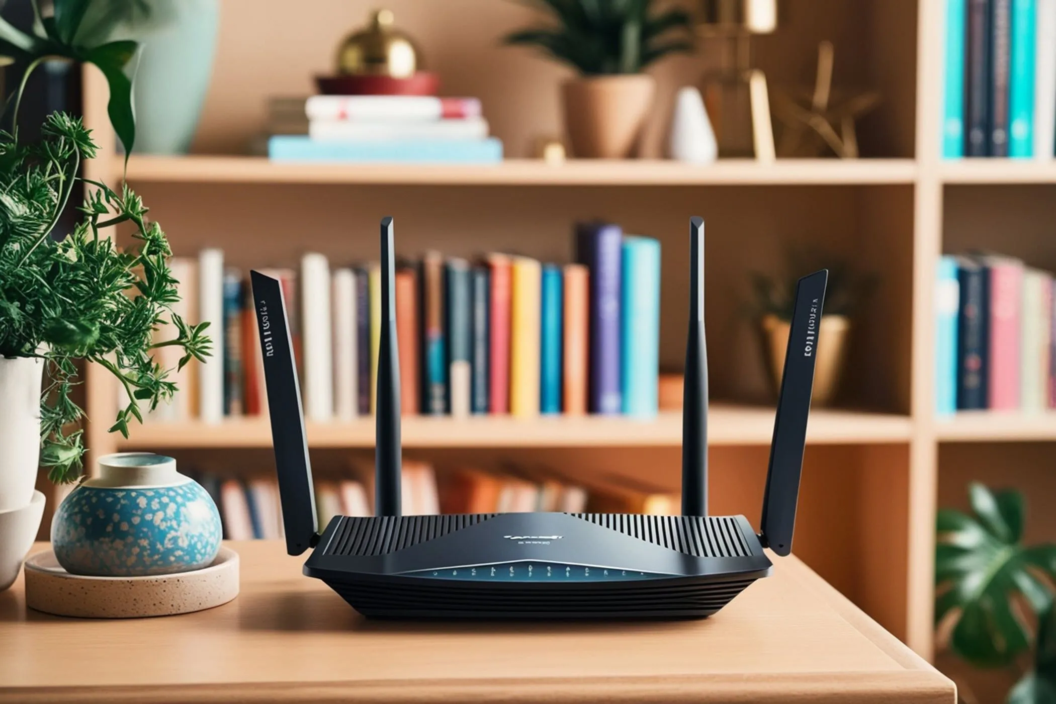Ảnh minh họa một bộ định tuyến Wi-Fi (router) với bốn ăng-ten, đặt trên bàn cạnh kệ sách, thể hiện tầm quan trọng của việc cập nhật firmware cho thiết bị mạng gia đình.