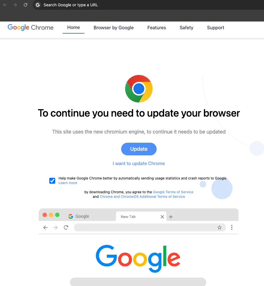 Ảnh minh họa trang cập nhật Google Chrome giả mạo, yêu cầu người dùng cài đặt để xem nội dung website