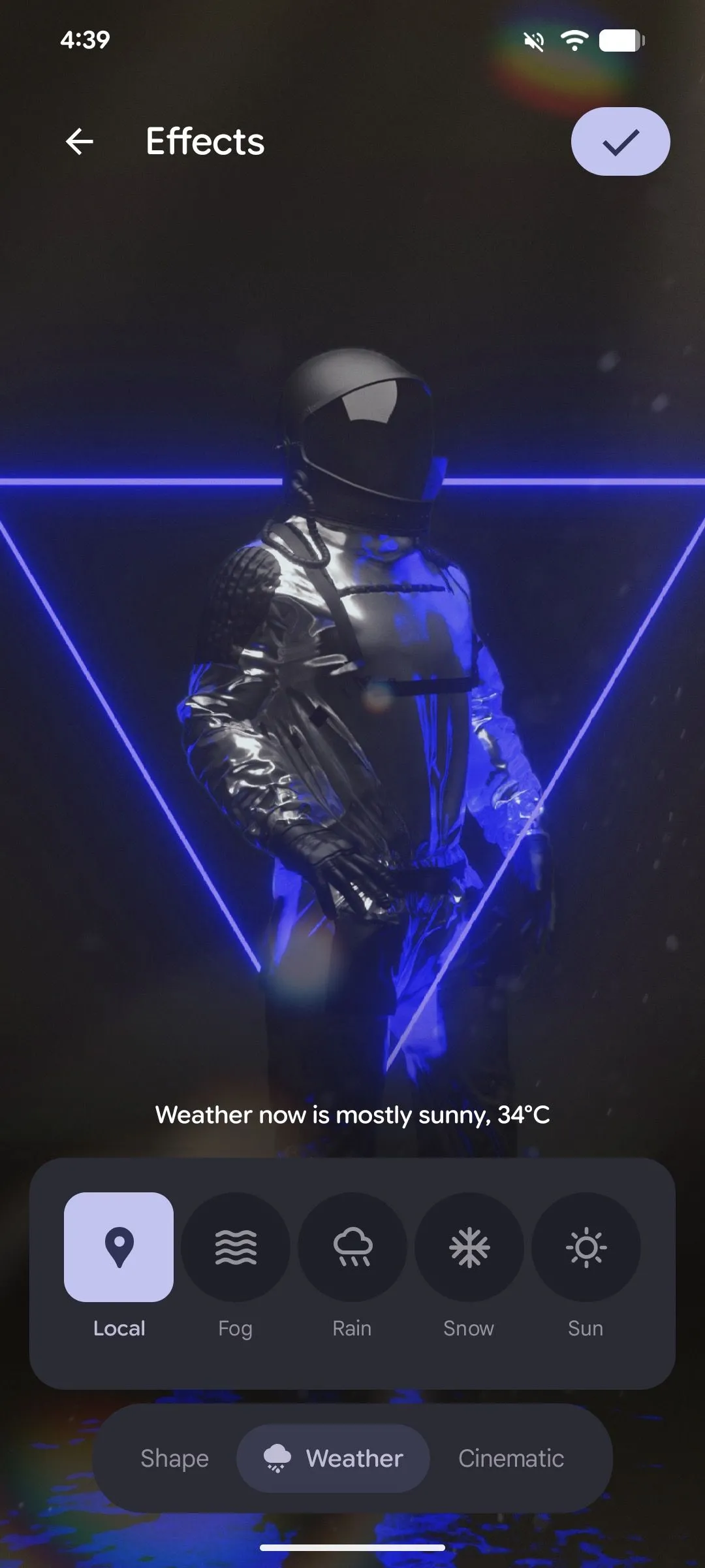 Áp dụng tùy chọn Hiệu ứng Thời tiết 'Địa phương' (Local Weather Effect) cho hình nền trên Android 16, đồng bộ với thời tiết thực tế.