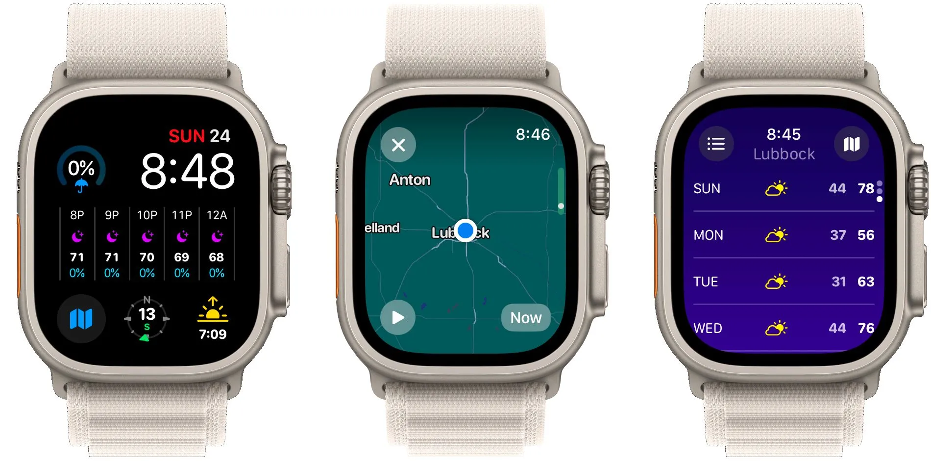 Ba giao diện ứng dụng Carrot Weather trên Apple Watch, minh họa khả năng hiển thị dữ liệu thời tiết phong phú và complication tiện lợi.