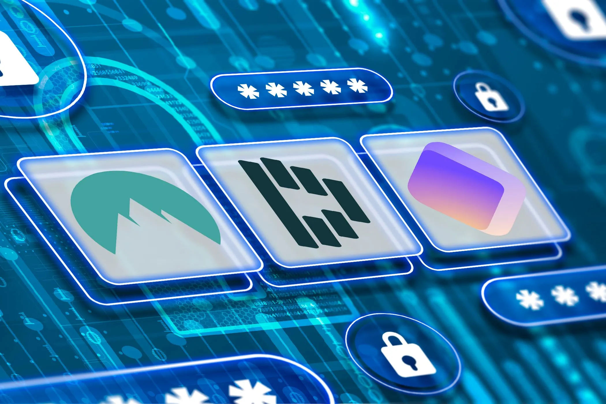 Ba logo NordPass, Dashlane và Proton Pass, xung quanh là các biểu tượng mật khẩu và ổ khóa.