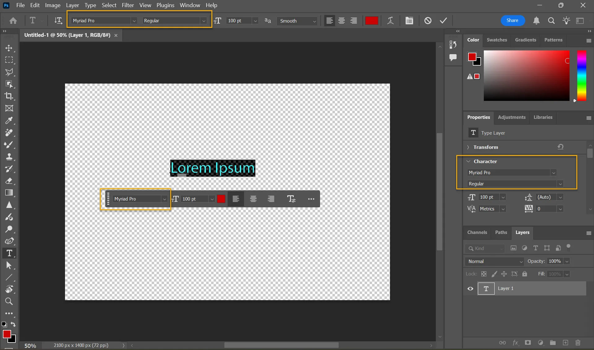 Ba vị trí truy cập tính năng Font Browser trong Adobe Photoshop: thanh Tùy chọn, thanh Tác vụ theo Ngữ cảnh và bảng Thuộc tính.