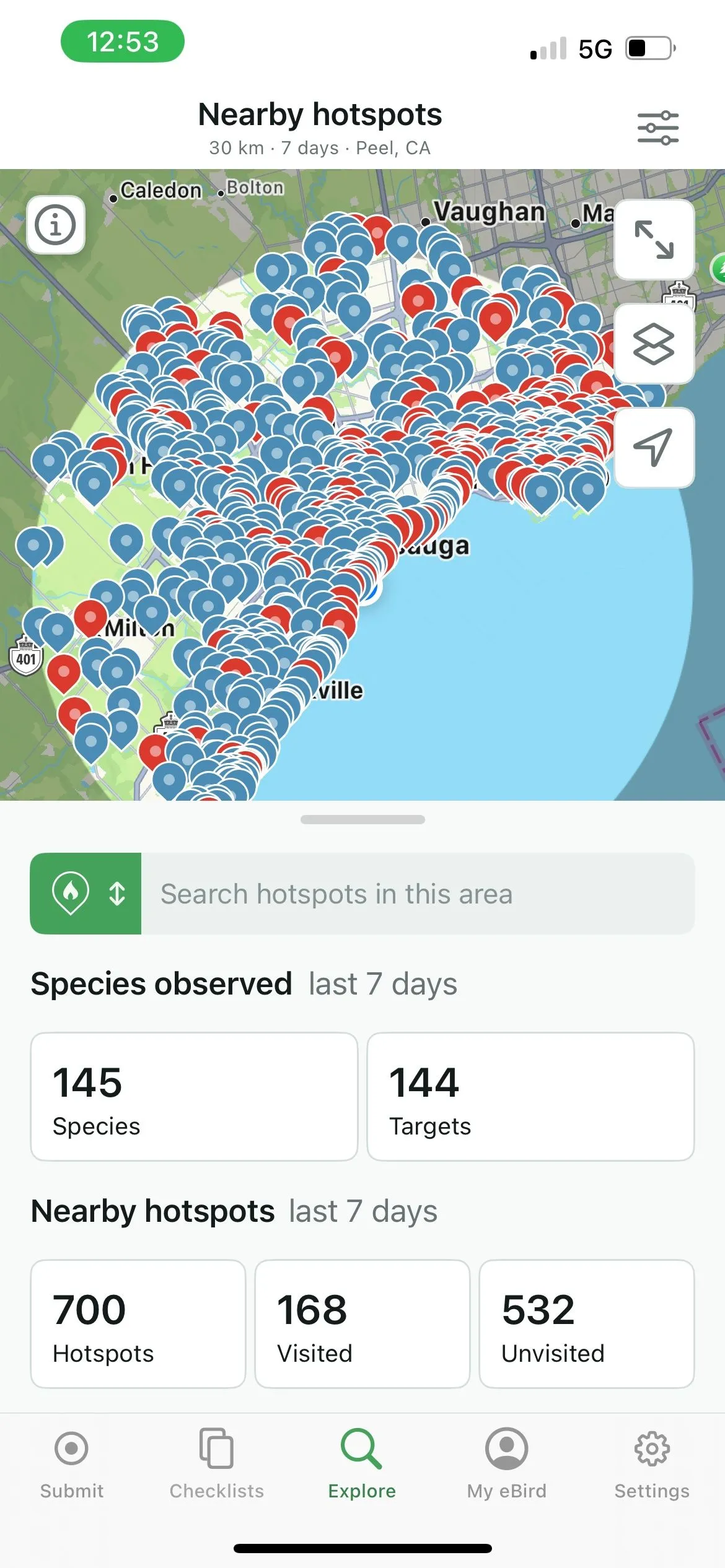 Bản đồ trong eBird hiển thị các điểm nóng quan sát chim và các loài chim hiếm được báo cáo.