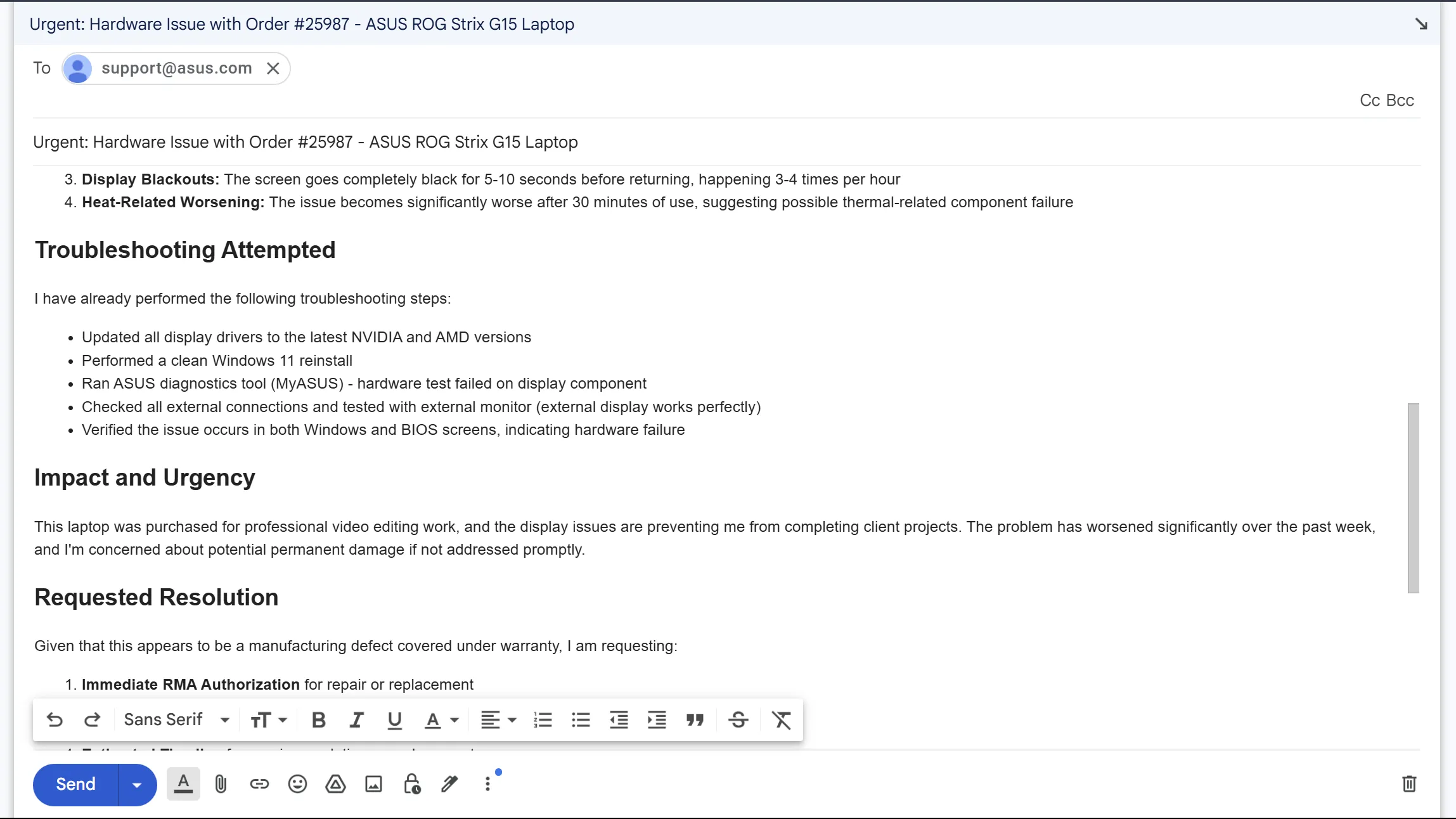 Bản nháp email gửi bộ phận hỗ trợ của ASUS về vấn đề phần cứng laptop, minh họa cách viết email hiệu quả để nhận được phản hồi từ nhân viên thật.
