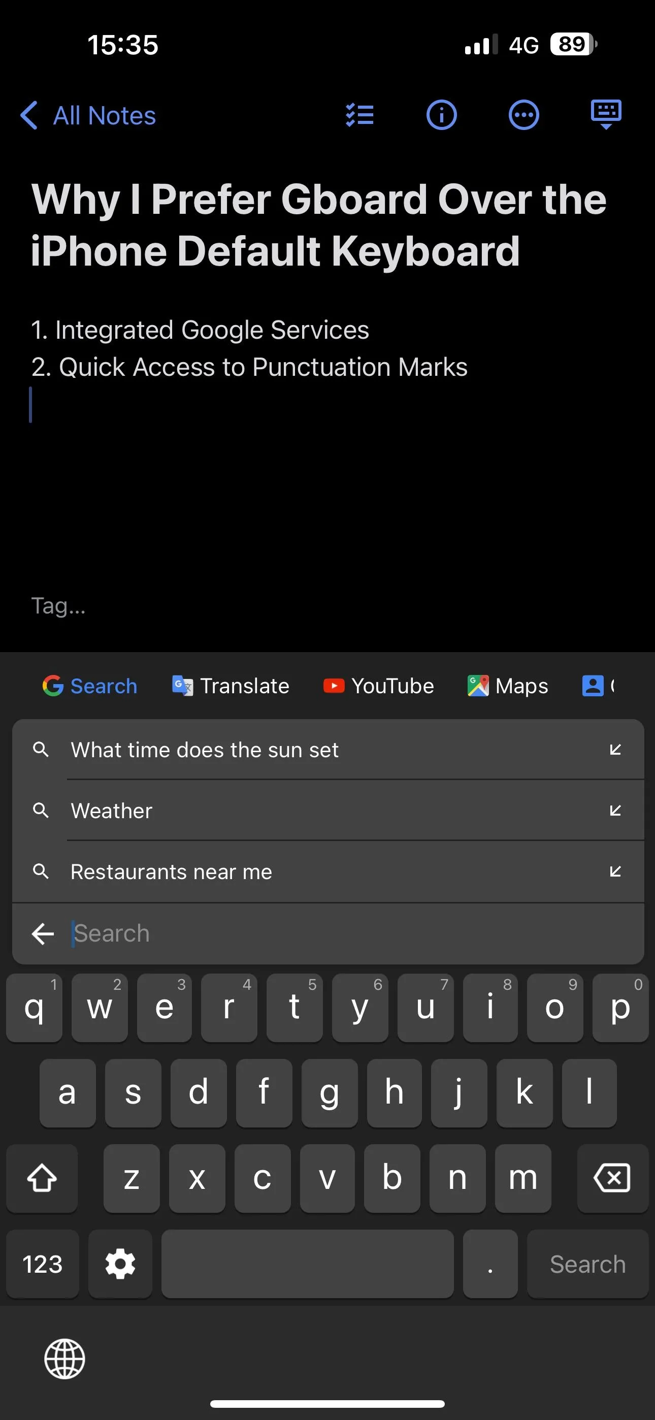 Bàn phím Gboard trên iPhone hiển thị các dịch vụ Google tích hợp như Google Tìm kiếm, Dịch, Bản đồ và Danh bạ để truy cập nhanh.