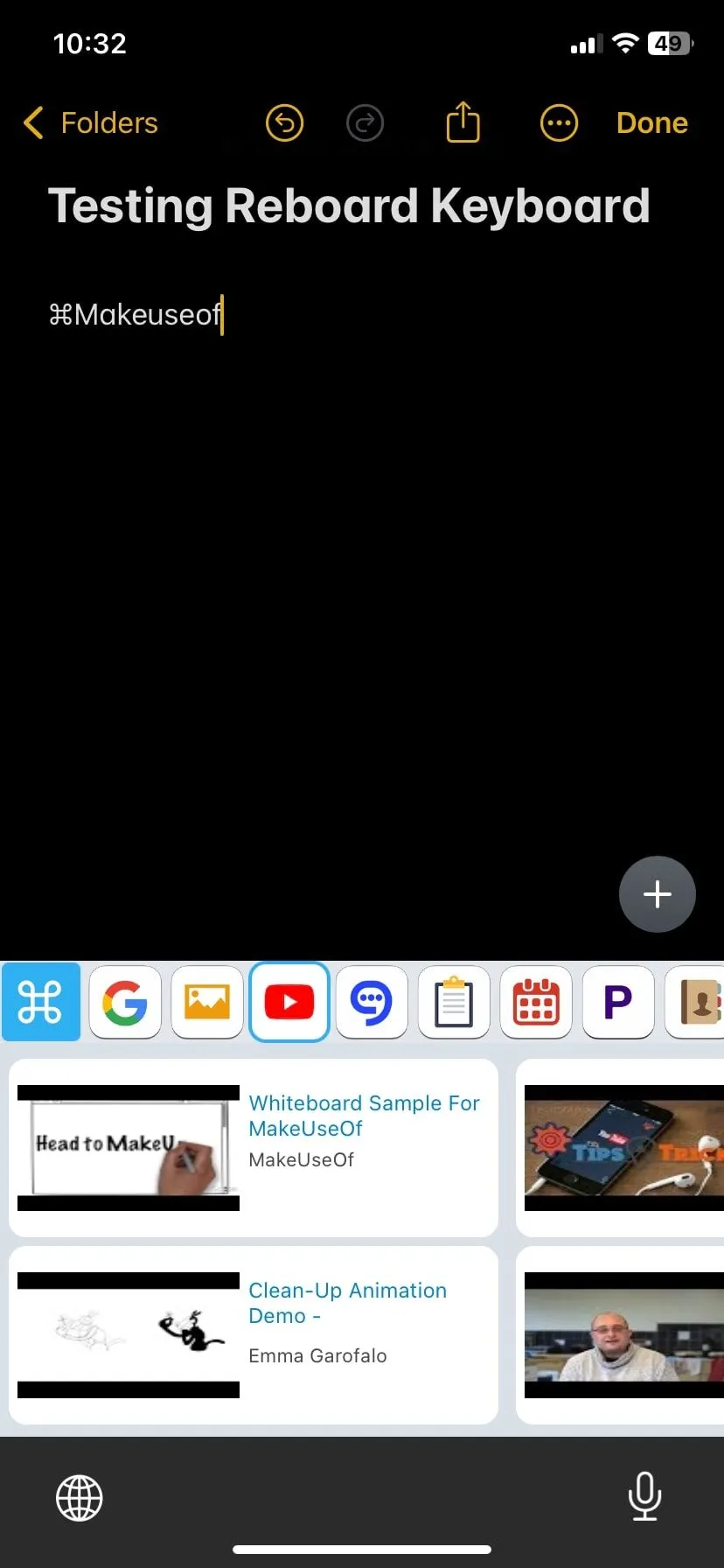 Bàn phím ReBoard hiển thị kết quả tìm kiếm YouTube trực tiếp, minh họa khả năng đa nhiệm và tích hợp ứng dụng.