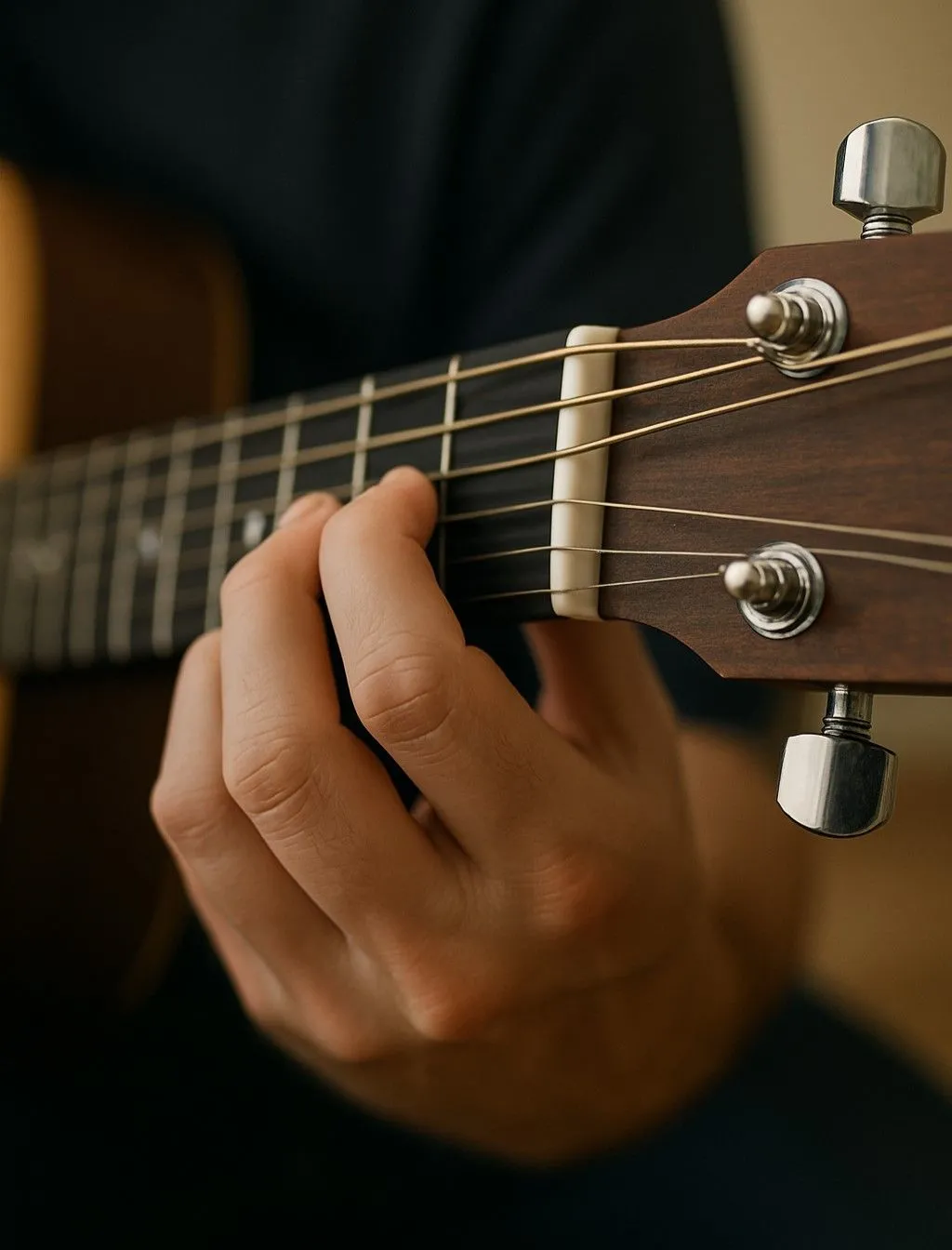 Bàn tay đang chơi hợp âm E thứ trên đàn guitar acoustic với độ chân thực cao