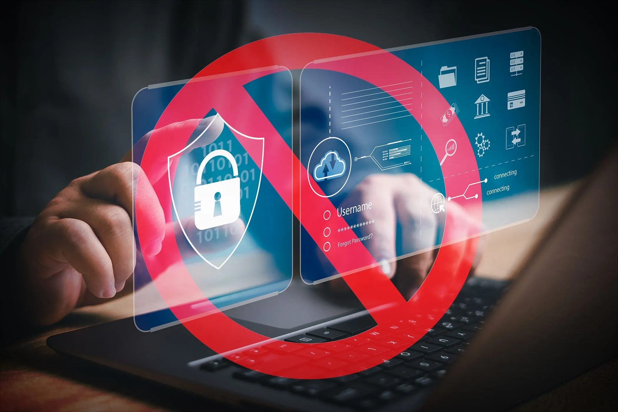 Bàn tay gõ laptop với biểu tượng bảo mật và dấu cấm màu đỏ, cảnh báo nguy cơ từ tiện ích mở rộng độc hại.
