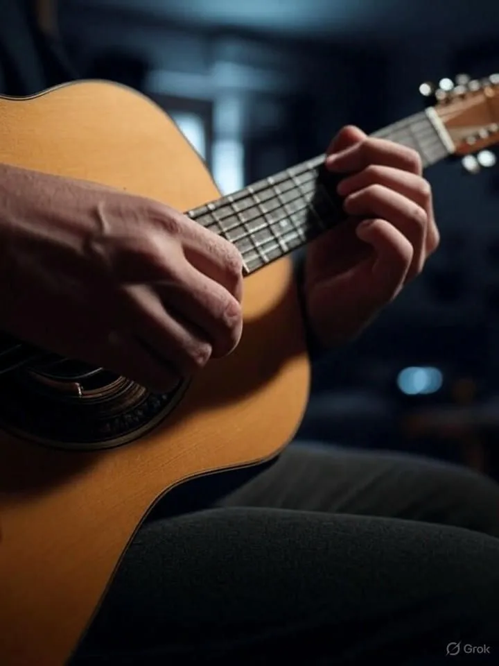 Bàn tay với các ngón tay dị dạng đang chơi guitar, một lỗi phổ biến khi AI tạo hình ảnh chi tiết.