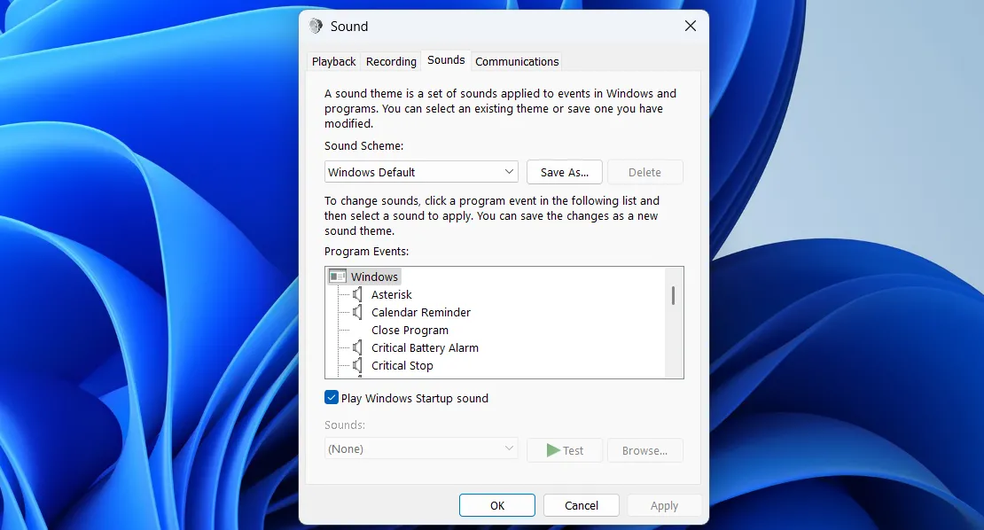 Bảng điều khiển cài đặt Âm thanh (Sound) truyền thống trên Windows 11 quản lý thiết bị âm thanh