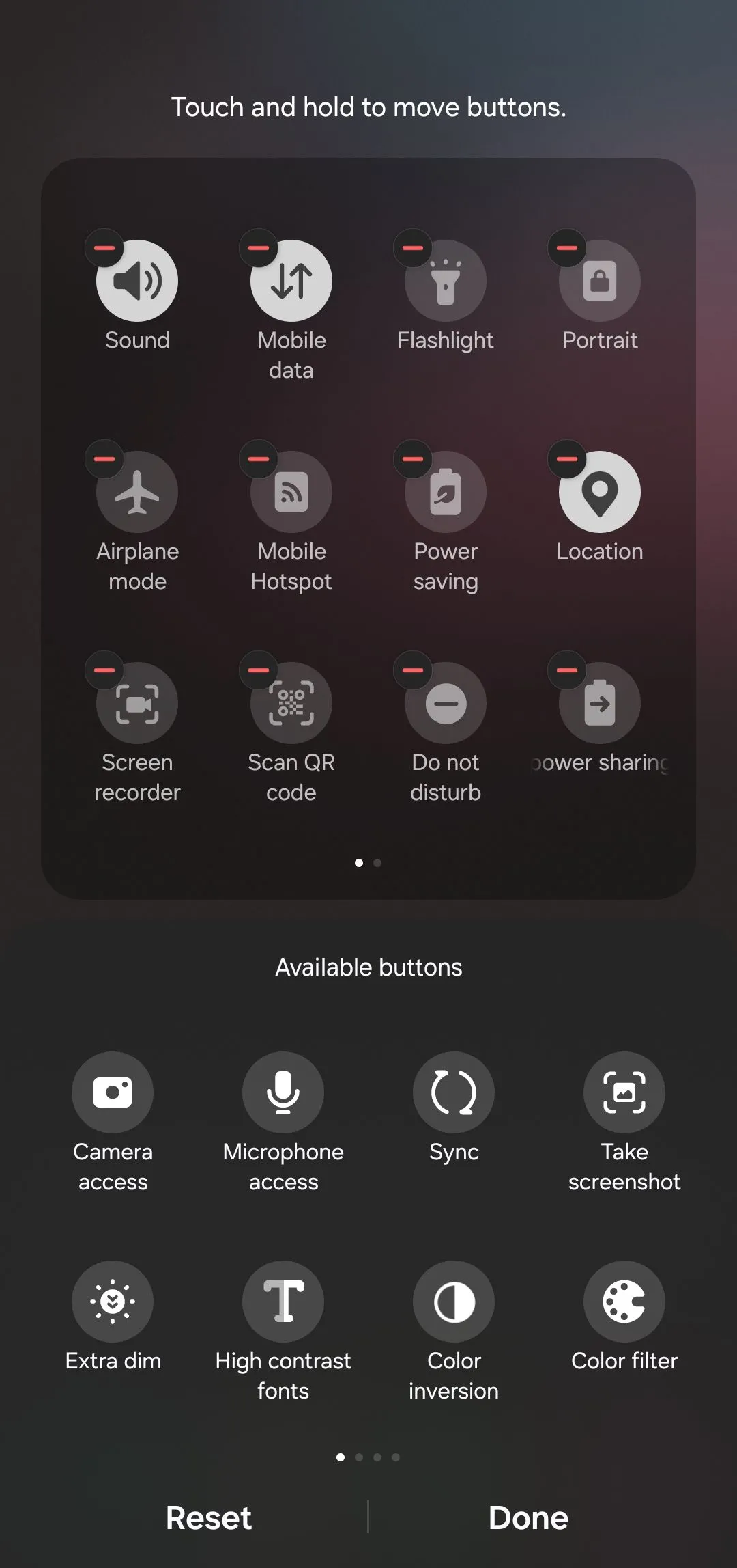 Bảng điều khiển Cài đặt nhanh trên Android ở chế độ chỉnh sửa, cho phép tùy chỉnh các biểu tượng
