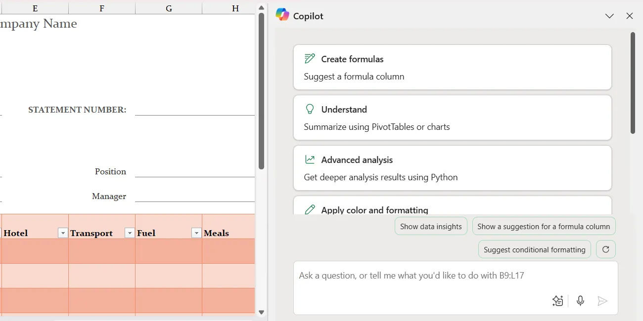 Bảng điều khiển Copilot tích hợp trong giao diện Excel, hỗ trợ phân tích và tạo công thức nhanh chóng