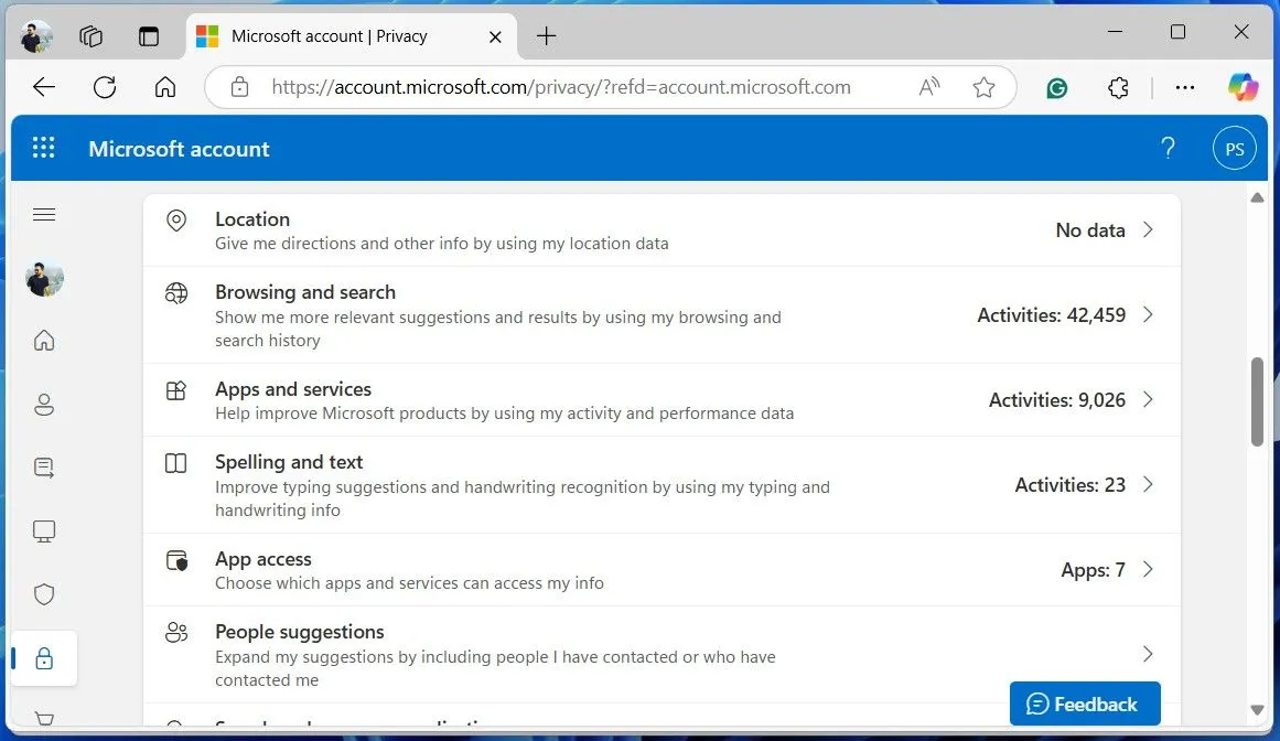 Bảng điều khiển Quyền riêng tư của Microsoft trên trình duyệt web