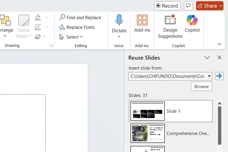 Bảng điều khiển Tái sử dụng Slide trong PowerPoint