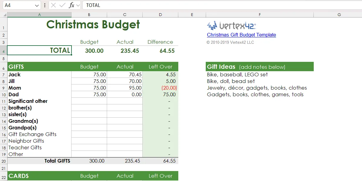 Bảng Excel lập ngân sách quà Giáng sinh và chi phí lễ hội