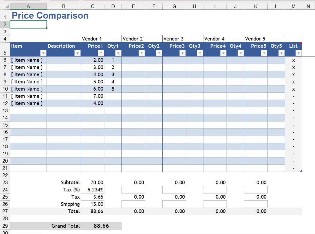 Bảng Excel so sánh giá sản phẩm trước khi mua sắm