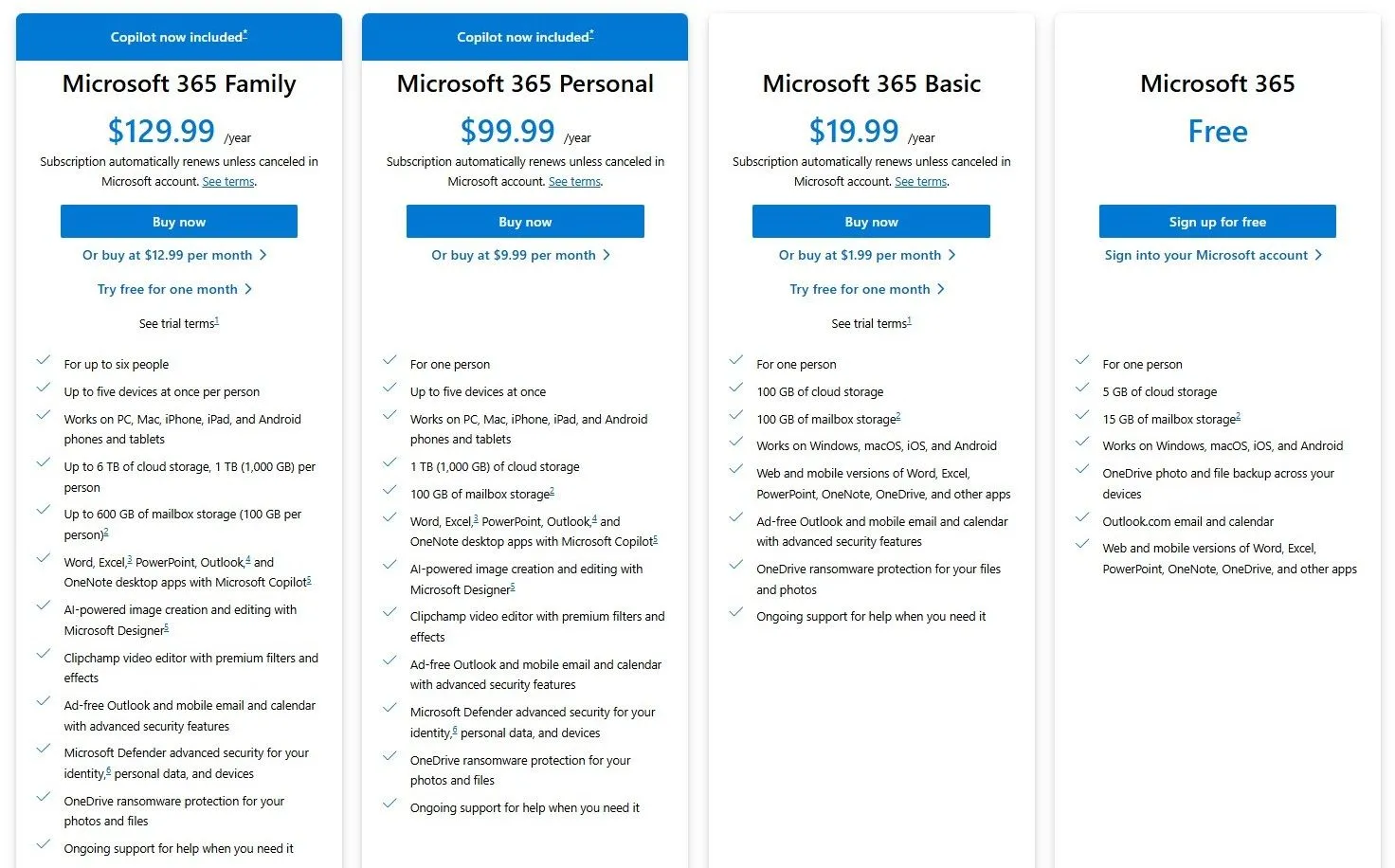 Bảng giá các gói đăng ký Microsoft 365 bao gồm 1TB dung lượng OneDrive và bộ ứng dụng văn phòng