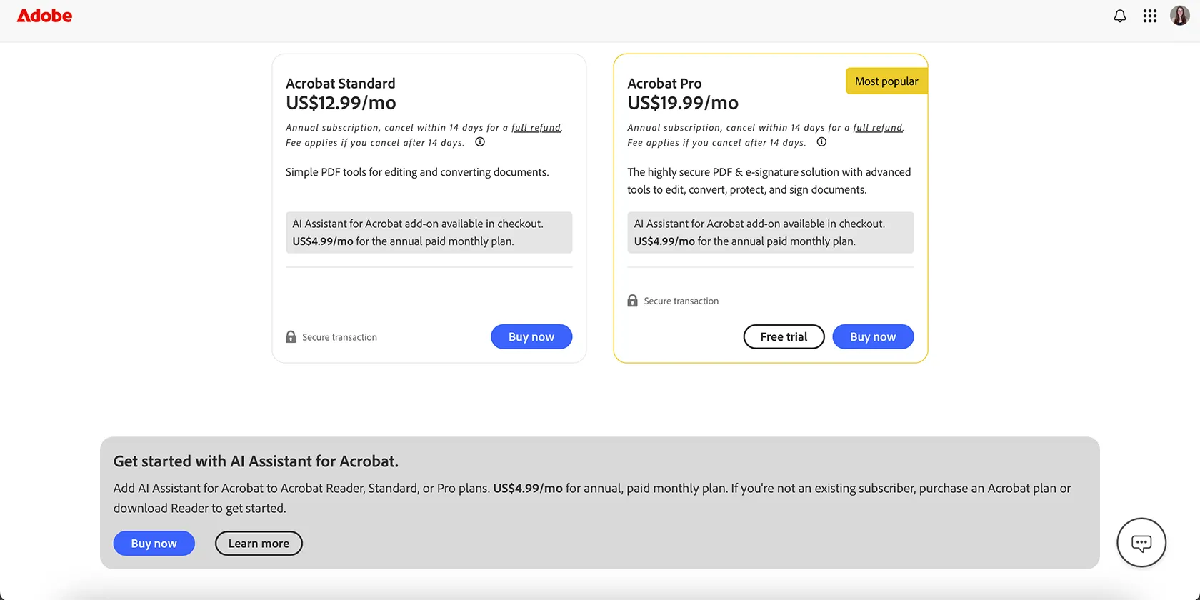 Bảng giá đăng ký dịch vụ Adobe Acrobat AI Assistant, hiển thị chi phí hàng tháng