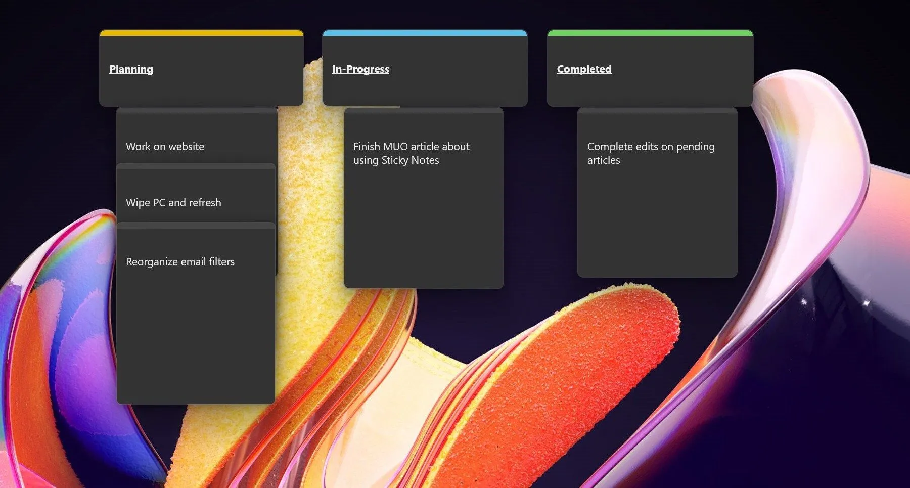 Bảng Kanban tự tạo bằng Sticky Notes trên màn hình desktop