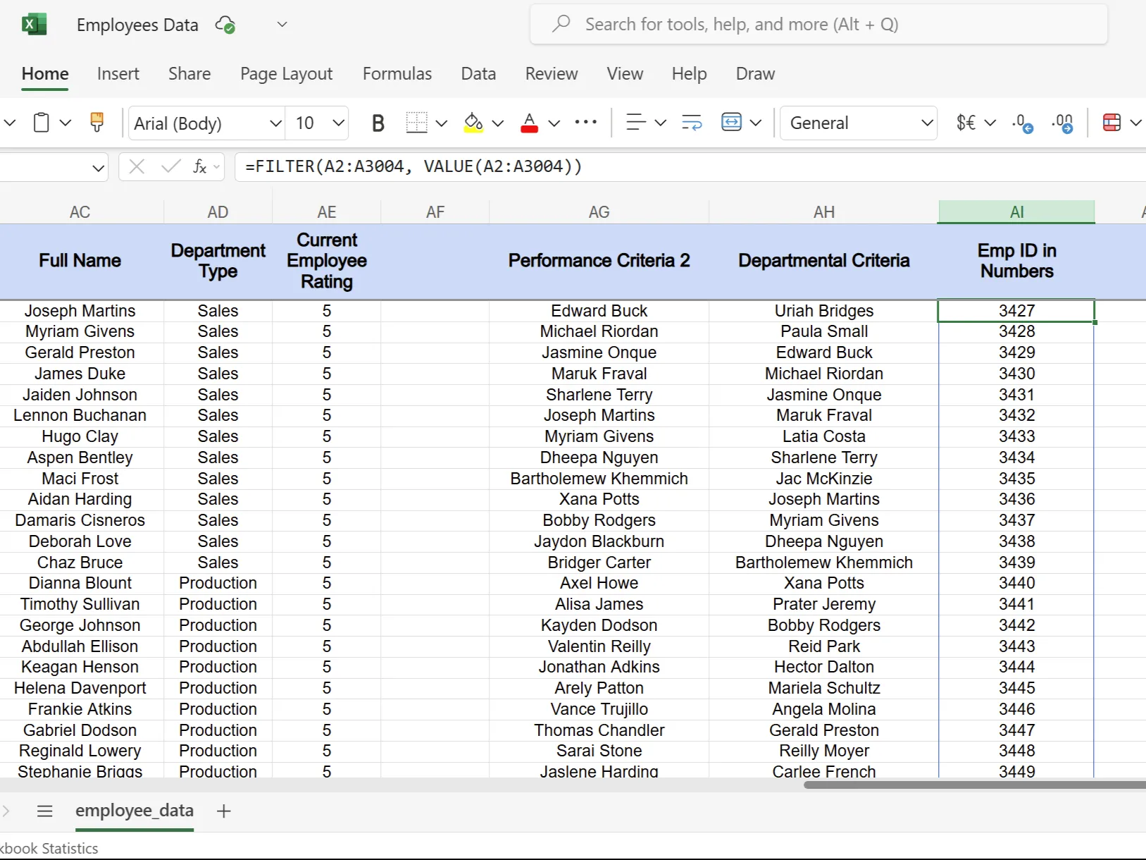 Bảng tính Excel hiển thị ID nhân viên dưới dạng số sử dụng hàm VALUE