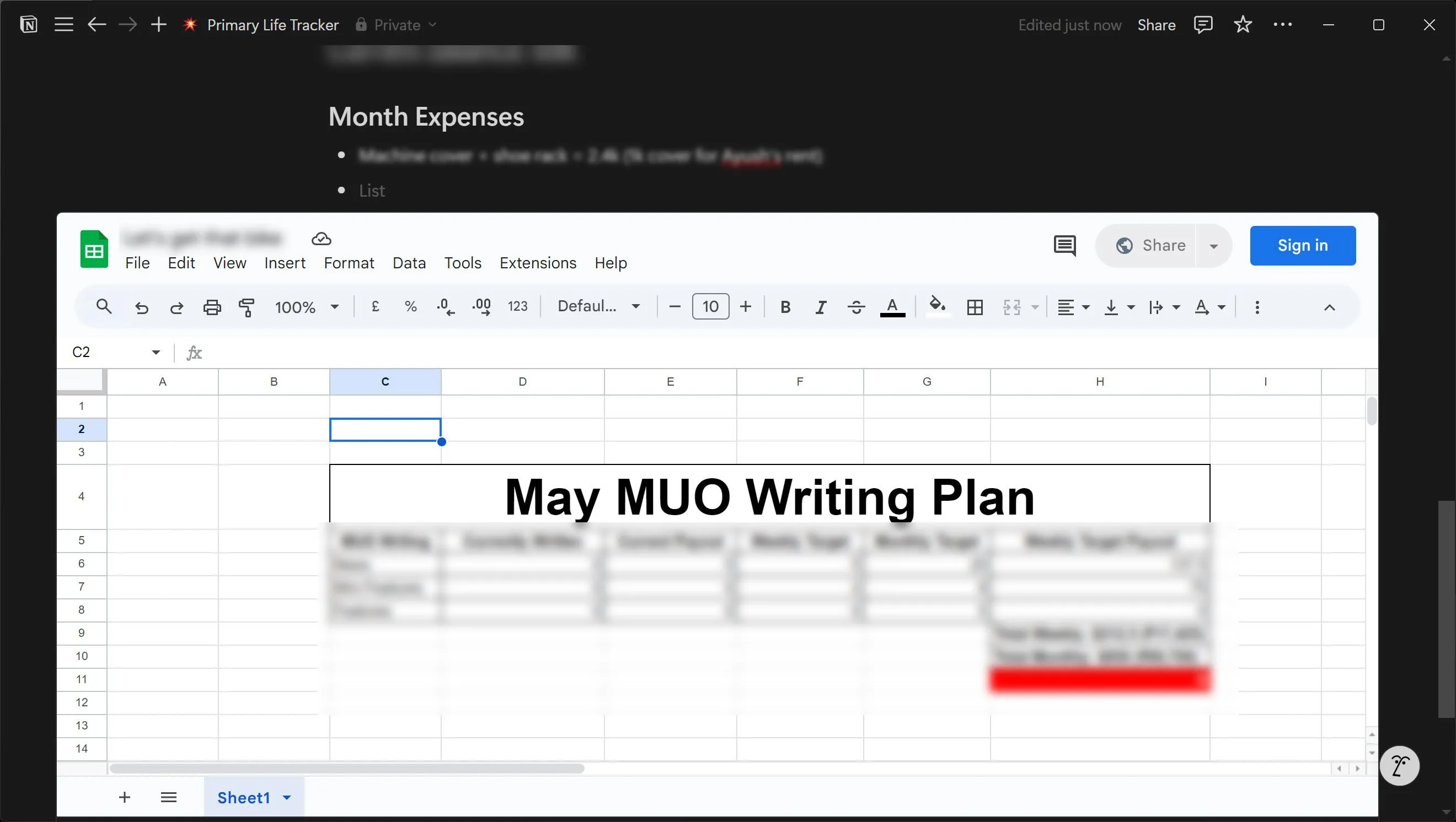 Bảng tính Google Sheets được nhúng trực tiếp vào Notion để quản lý dữ liệu