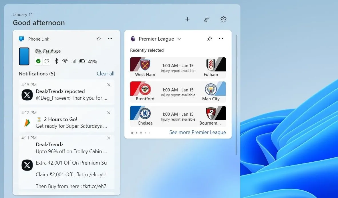 Bảng widget Windows 11 hiển thị Phone Link và trạng thái điện thoại