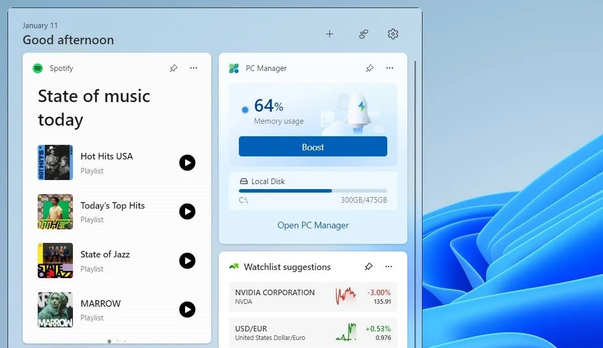 Bảng Widgets của Windows 11 hiển thị ứng dụng Spotify