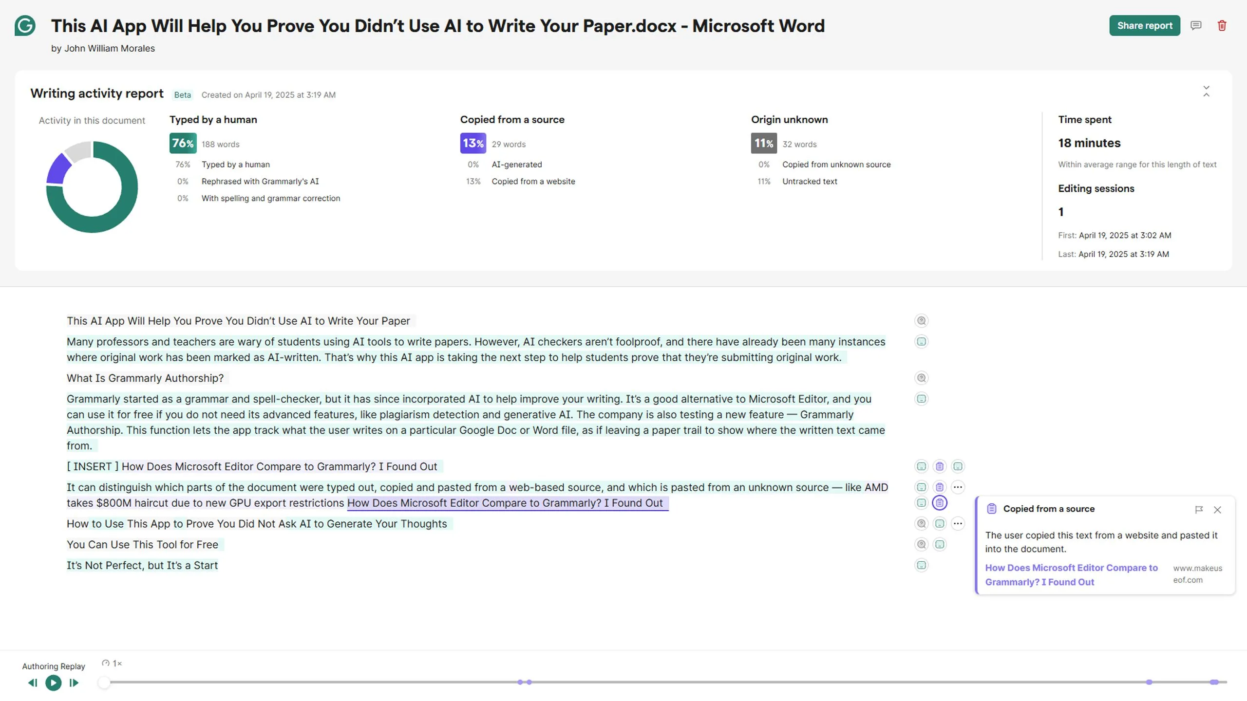 Báo cáo phiên theo dõi hoạt động viết của Grammarly Authorship hiển thị tỷ lệ văn bản được gõ trực tiếp, sao chép dán và chỉnh sửa bằng AI Grammarly.