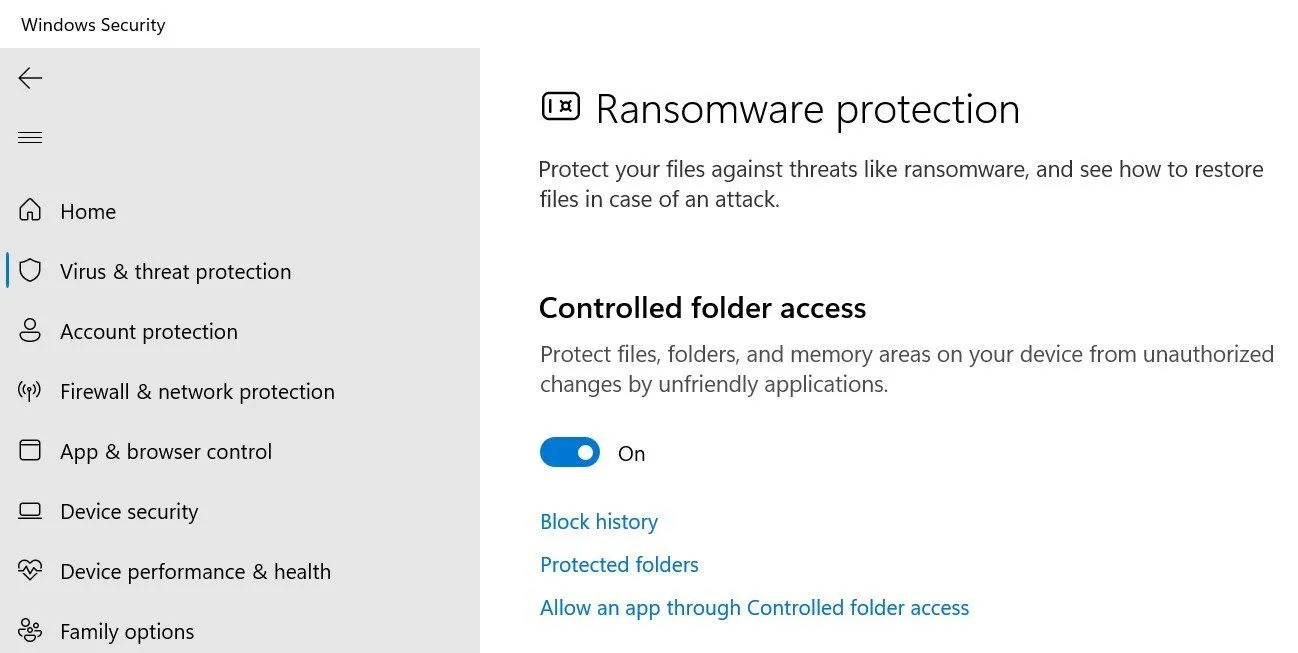 Bật tính năng kiểm soát quyền truy cập thư mục trong Bảo vệ Ransomware của Windows Security