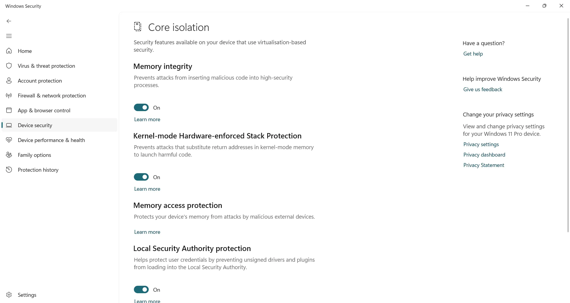 Bật tính năng tính toàn vẹn bộ nhớ trong Windows Security