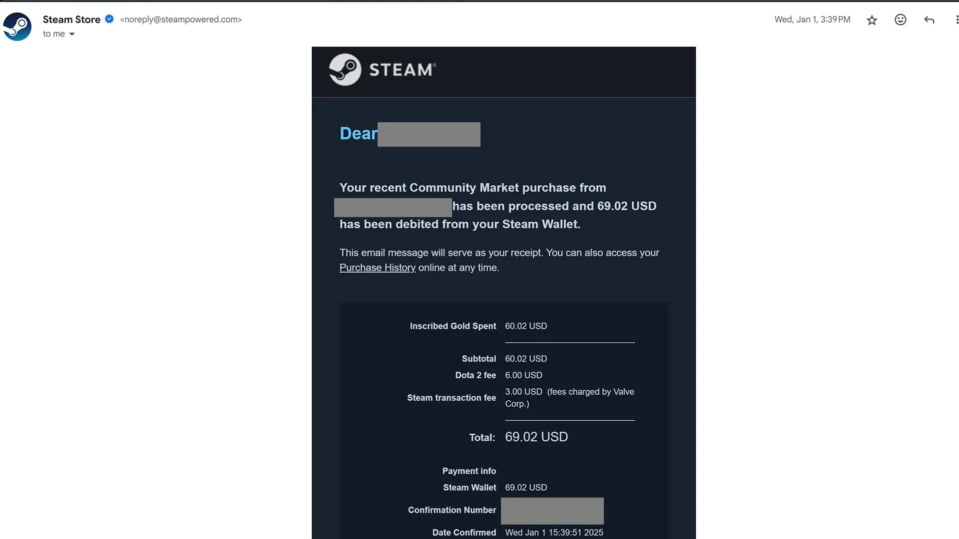 Biên lai giao dịch trên Thị trường Cộng đồng Steam qua email, che thông tin cá nhân của người dùng và kẻ lừa đảo