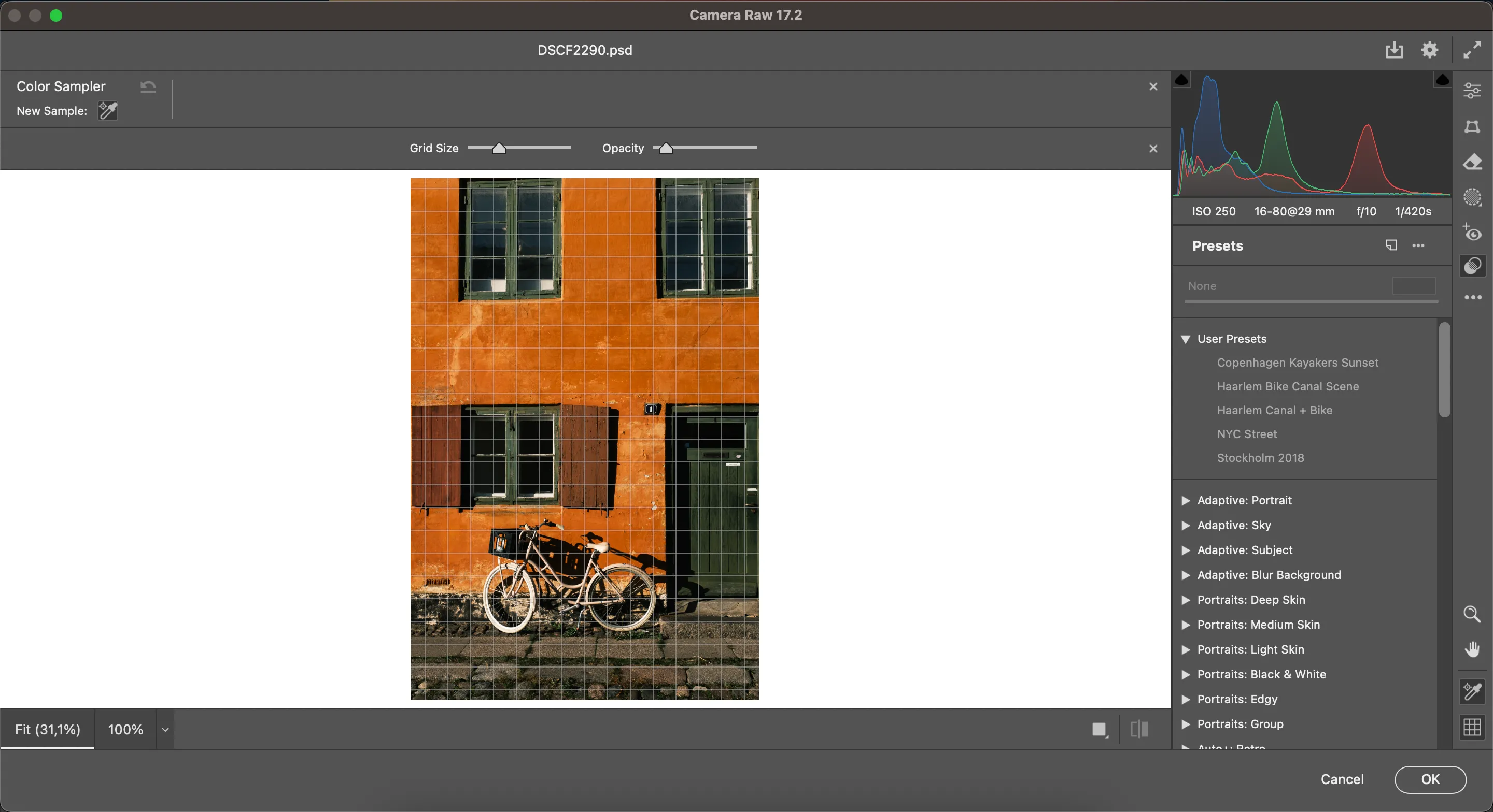 Biểu đồ histogram trong Adobe Camera Raw, giúp kiểm soát độ sáng và tông màu của hình ảnh khi chỉnh sửa trong Photoshop.