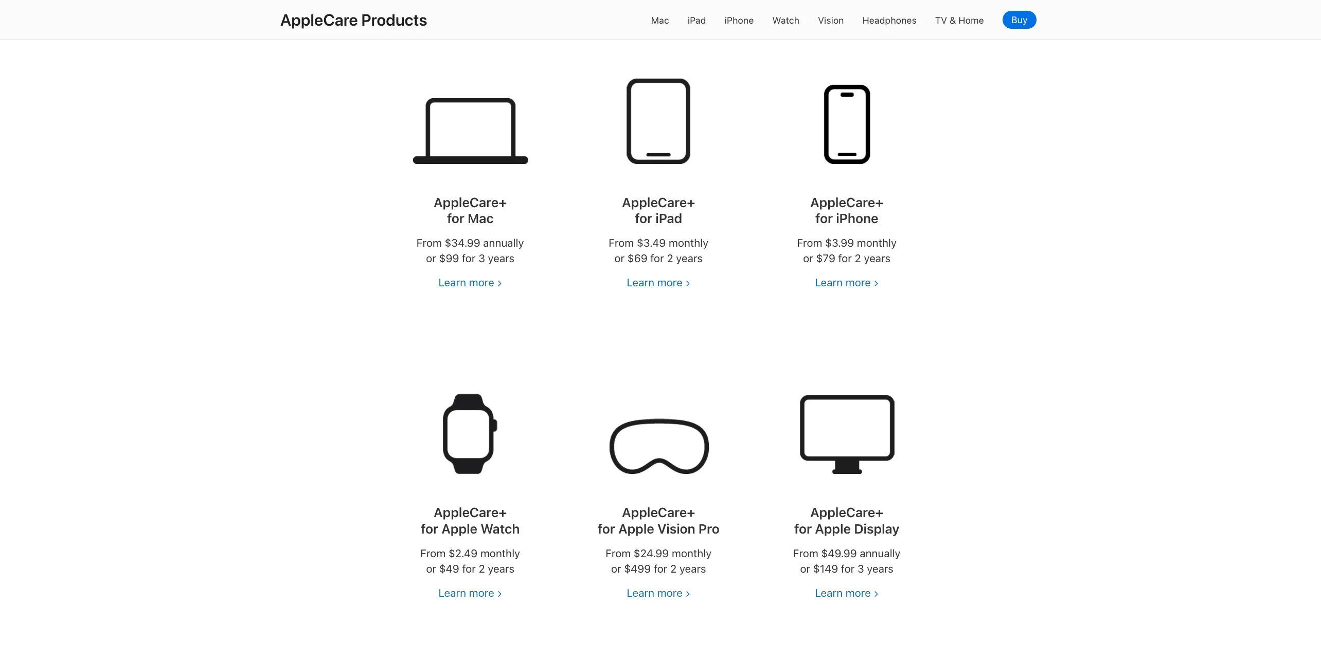 Biểu đồ minh họa các sản phẩm AppleCare+ dành cho nhiều thiết bị Apple khác nhau cùng với mức giá tương ứng