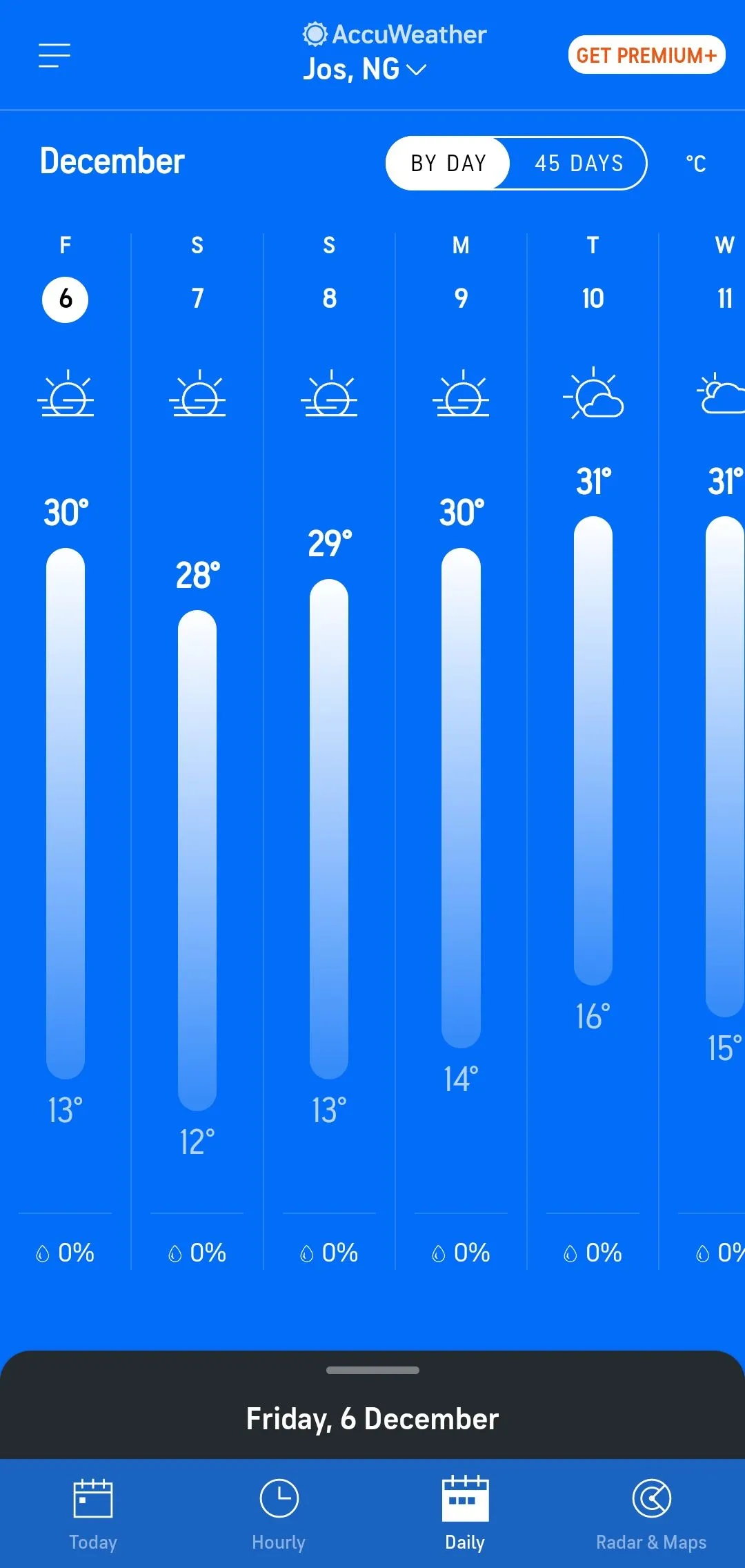 Biểu đồ nhiệt độ hàng ngày trên AccuWeather hiển thị dự báo thời tiết chi tiết cho nhiều ngày tới.