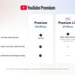 Biểu đồ so sánh các gói đăng ký YouTube Premium Lite và YouTube Premium, hiển thị giá và các tính năng chính khác biệt.