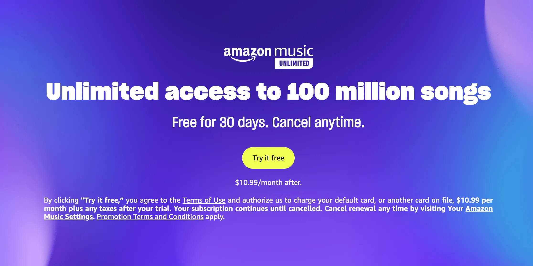 Biểu ngữ quảng cáo Amazon Music Unlimited với các ưu đãi và bản dùng thử