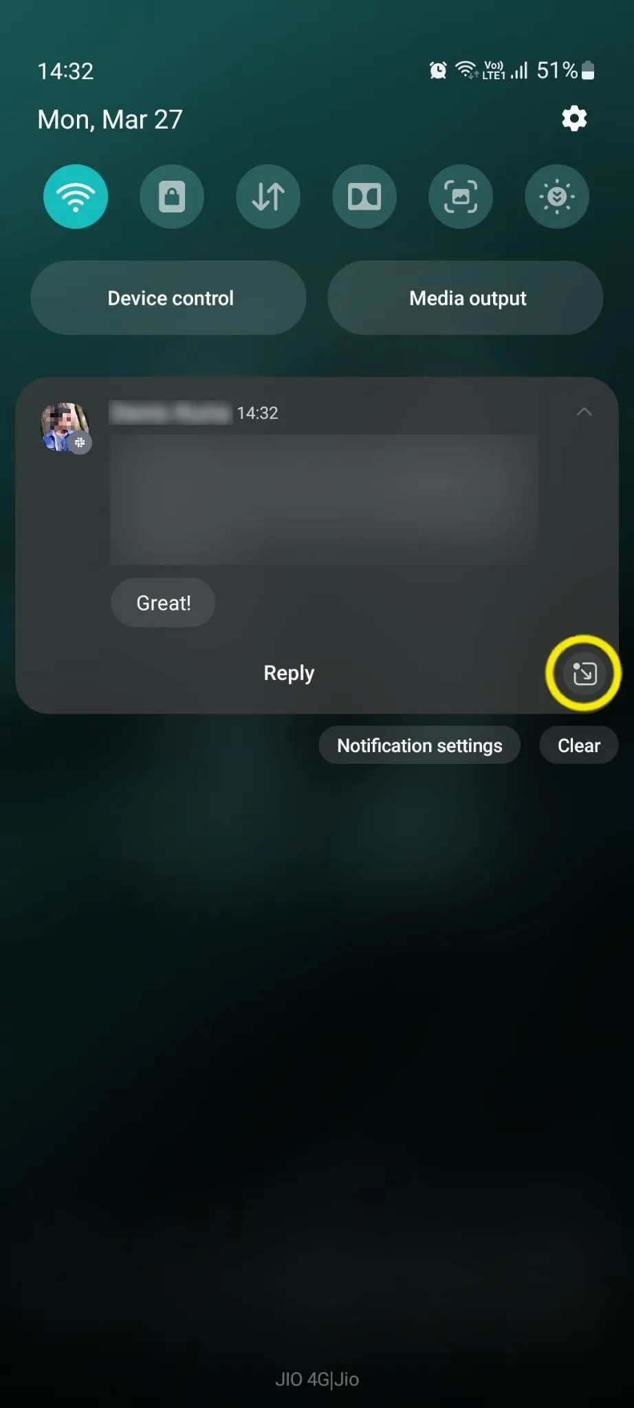Biểu tượng bật bong bóng chat từ thông báo trong bảng cài đặt nhanh Samsung