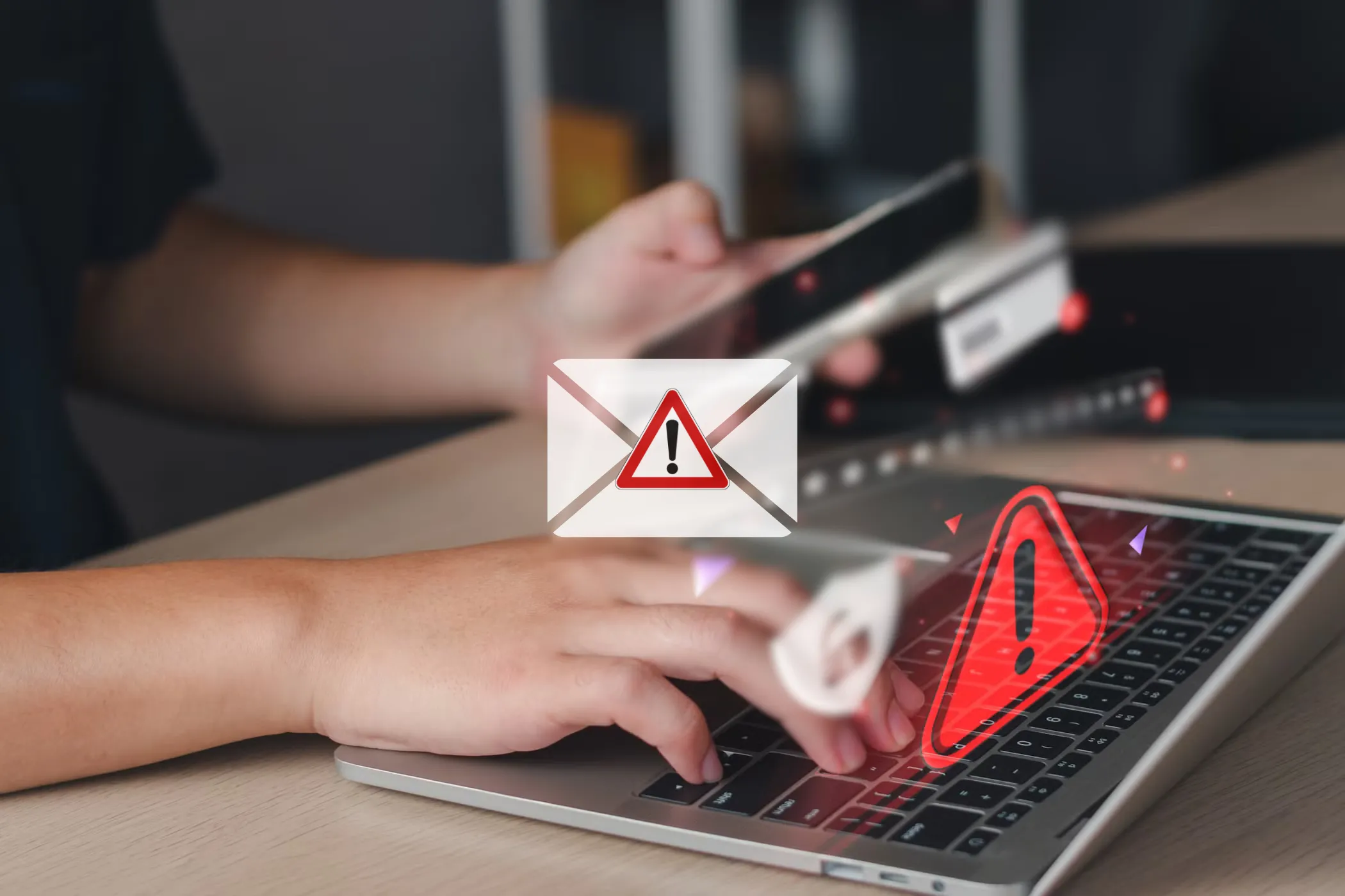 Biểu tượng email lừa đảo (phishing) và người dùng laptop, nhấn mạnh tầm quan trọng của việc khóa thiết bị để ngăn chặn truy cập trái phép và rủi ro bảo mật.