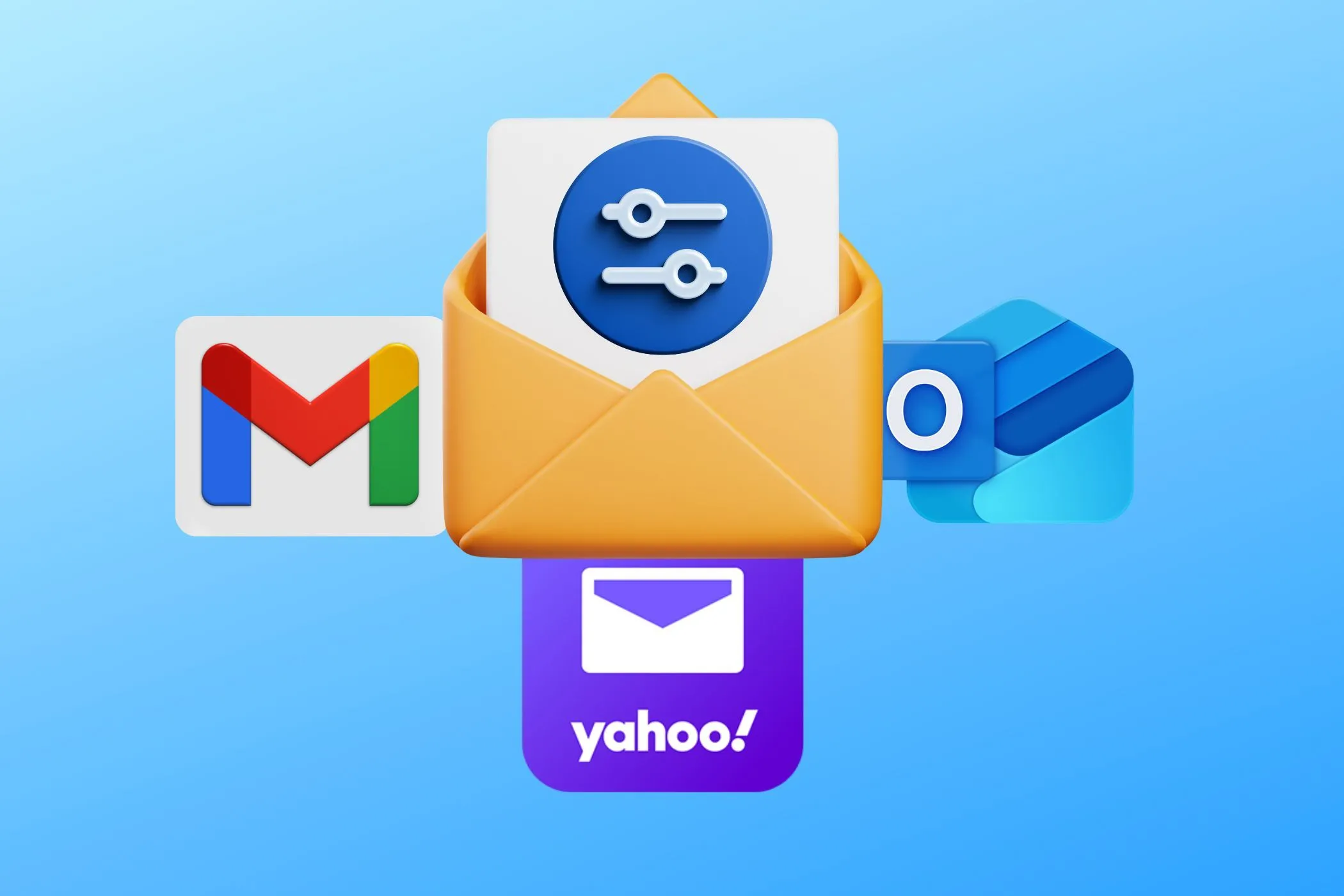 Biểu tượng email với bộ lọc, kèm logo Gmail, Yahoo Mail và Outlook thể hiện việc quản lý nhiều tài khoản email hiệu quả cho mua sắm ẩn danh