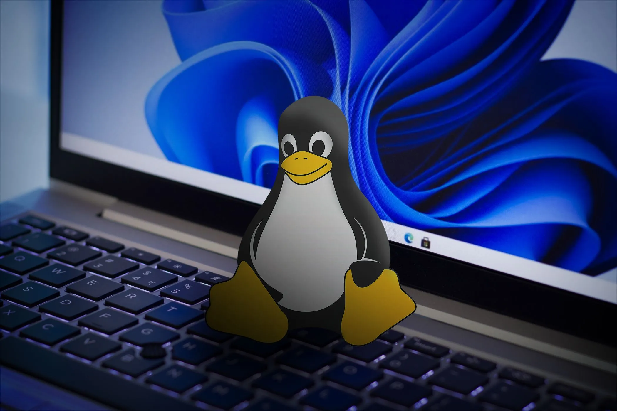 Biểu tượng Linux trên bàn phím laptop với hình nền Windows 11 trên màn hình, tượng trưng cho việc chuyển đổi hệ điều hành.