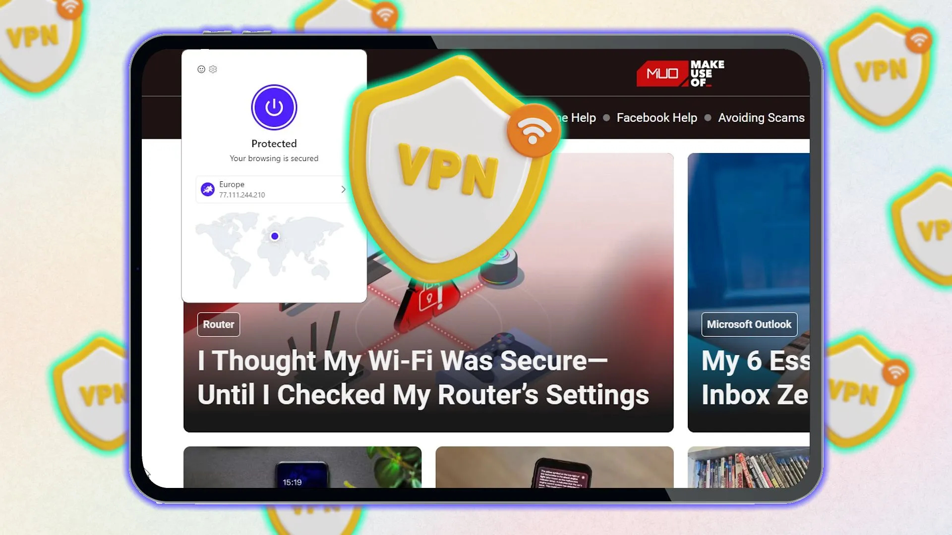 Biểu tượng VPN trên màn hình máy tính bảng, tượng trưng cho tính năng bảo mật tích hợp trình duyệt